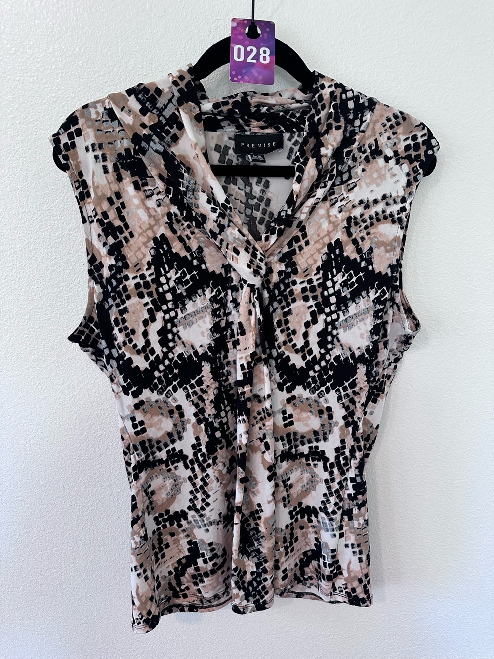 Premise Black and Beige Tie-Neck Sleeveless Blouse